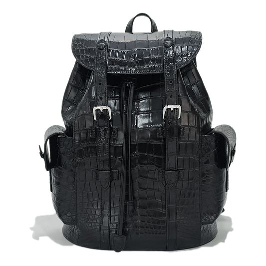 Handmade Genuine Alligator Leather Backpack, Glossy Black with Drawstring Closure