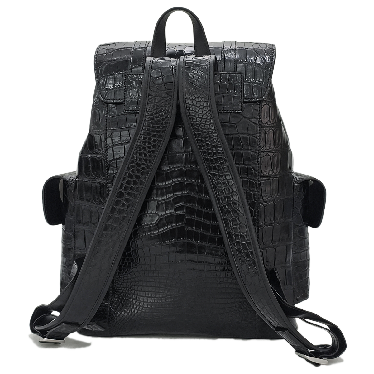 Handmade Genuine Alligator Leather Backpack, Glossy Black with Drawstring Closure