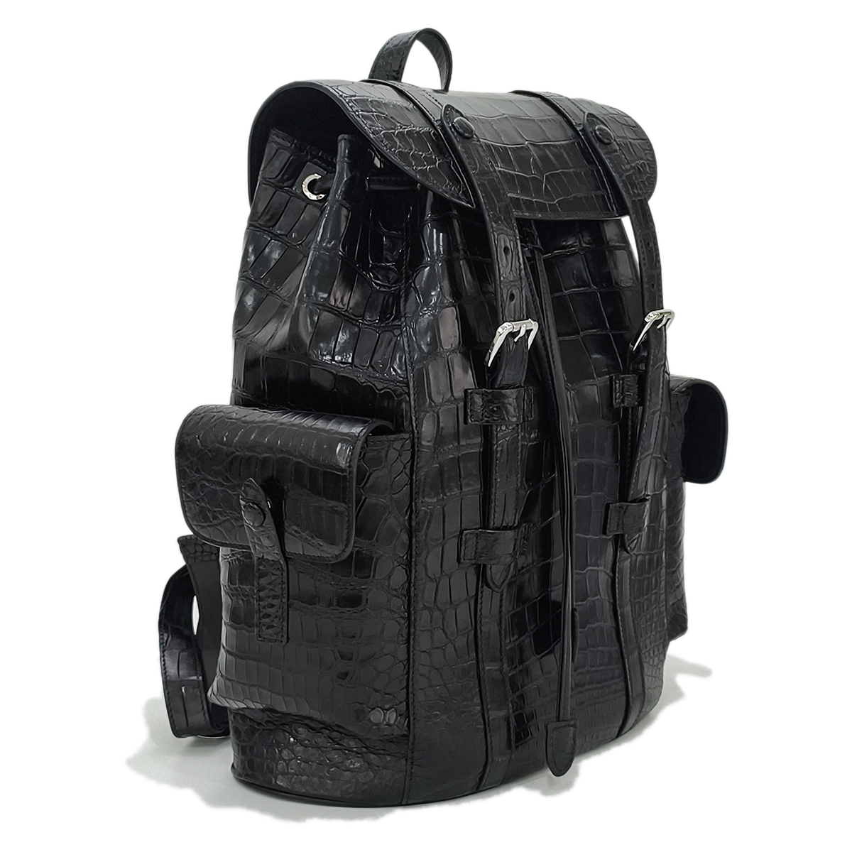 Handmade Genuine Alligator Leather Backpack, Glossy Black with Drawstring Closure