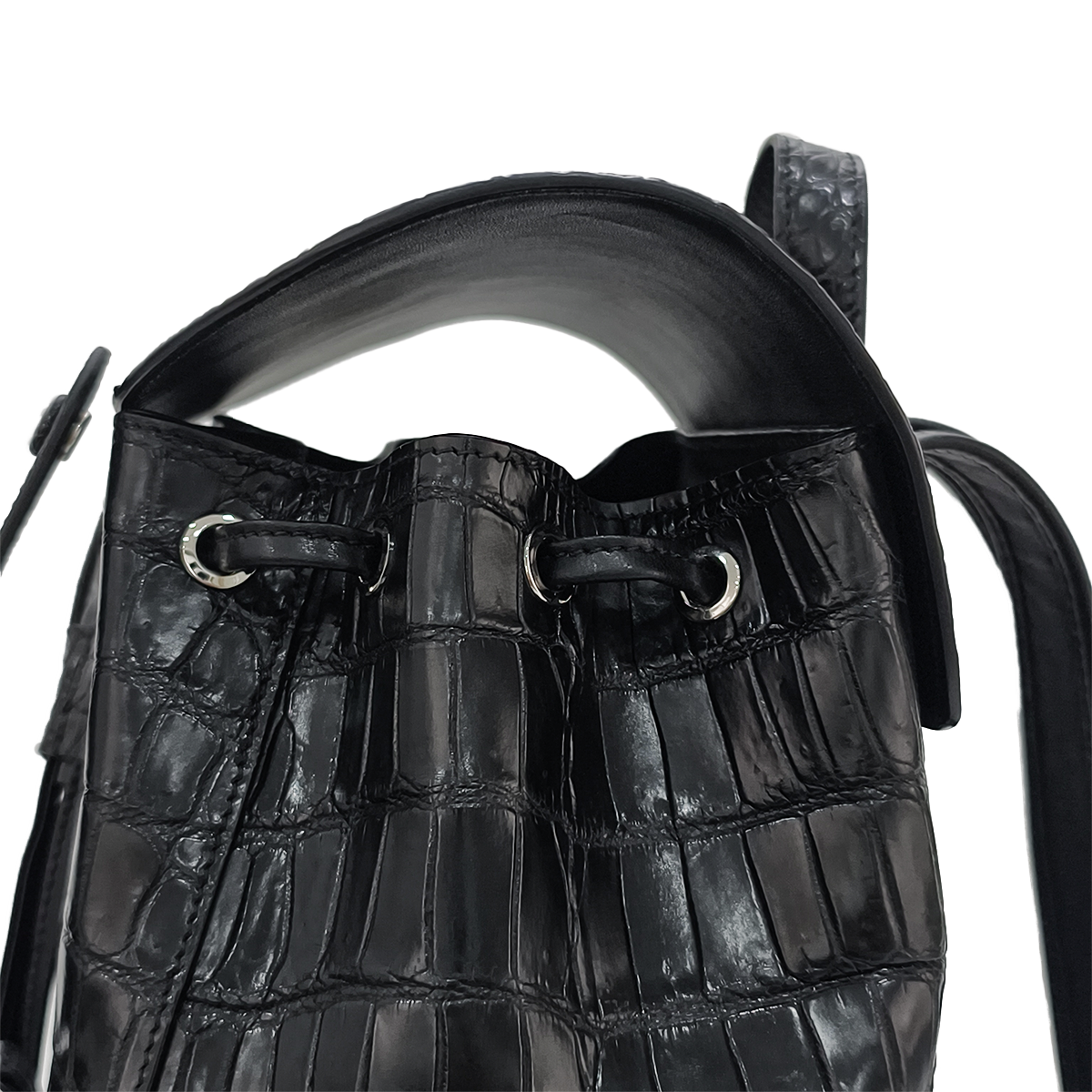 Handmade Genuine Alligator Leather Backpack, Glossy Black with Drawstring Closure