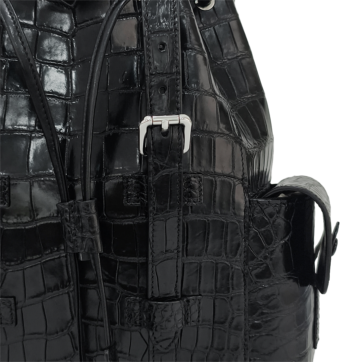 Handmade Genuine Alligator Leather Backpack, Glossy Black with Drawstring Closure