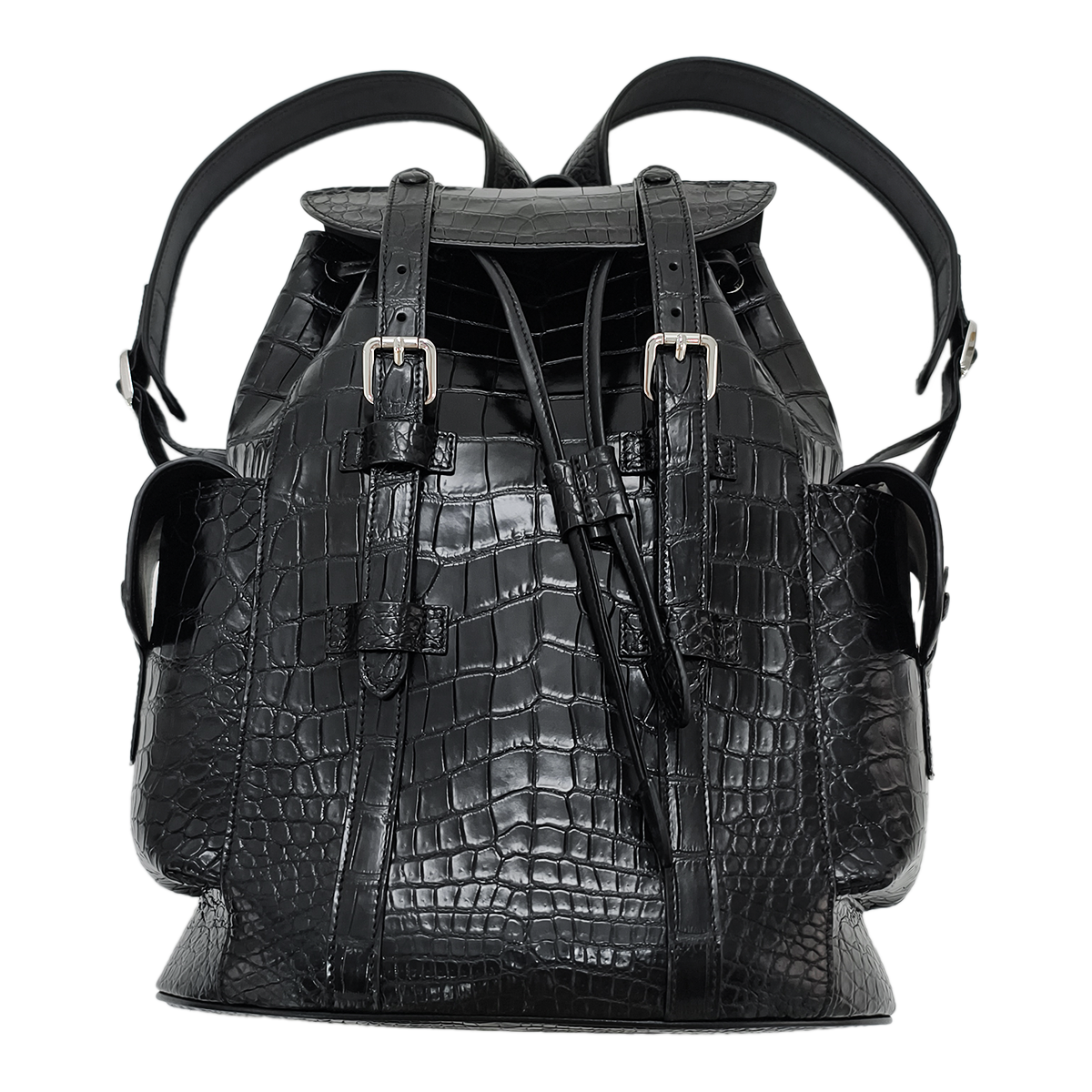 Handmade Genuine Alligator Leather Backpack, Glossy Black with Drawstring Closure