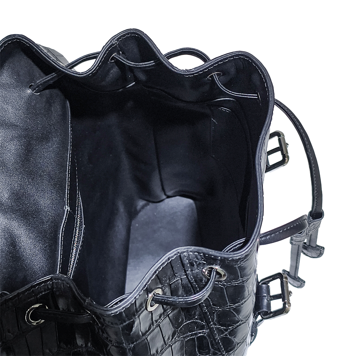 Handmade Genuine Alligator Leather Backpack, Glossy Black with Drawstring Closure