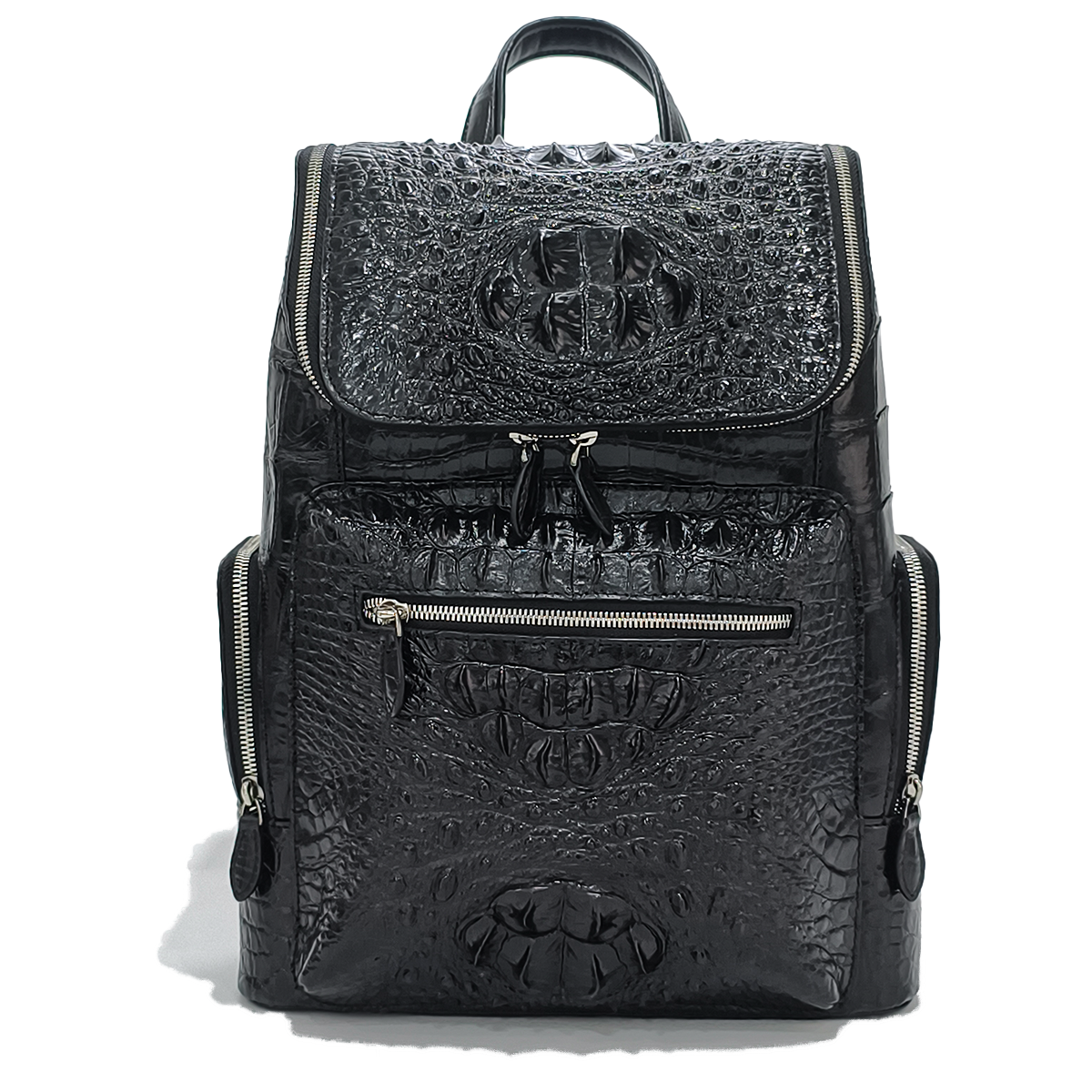 Handmade Genuine Alligator Leather Backpack, Glossy Black Multi-Zip Storage Design