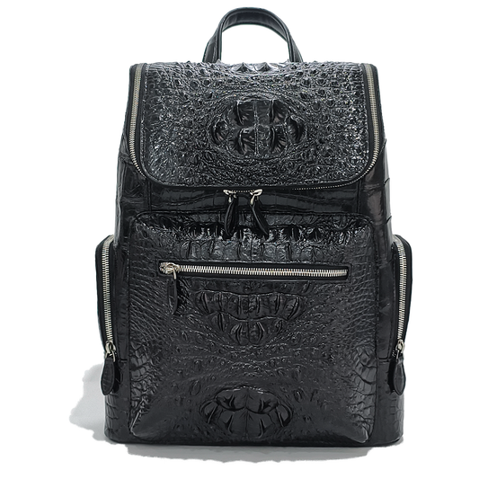 Handmade Genuine Alligator Leather Backpack, Glossy Black Multi-Zip Storage Design