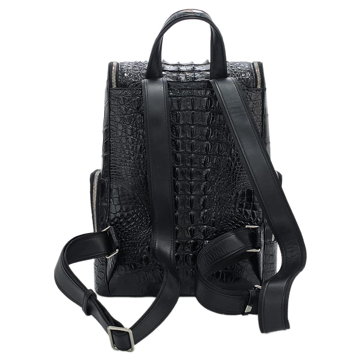 Handmade Genuine Alligator Leather Backpack, Glossy Black Multi-Zip Storage Design