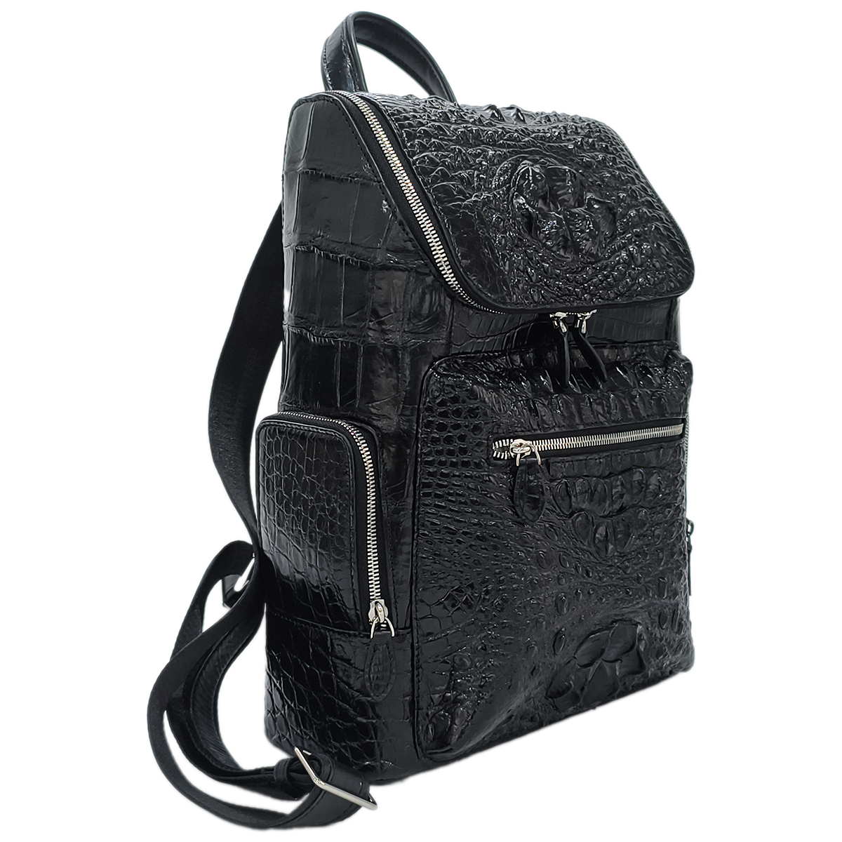 Handmade Genuine Alligator Leather Backpack, Glossy Black Multi-Zip Storage Design