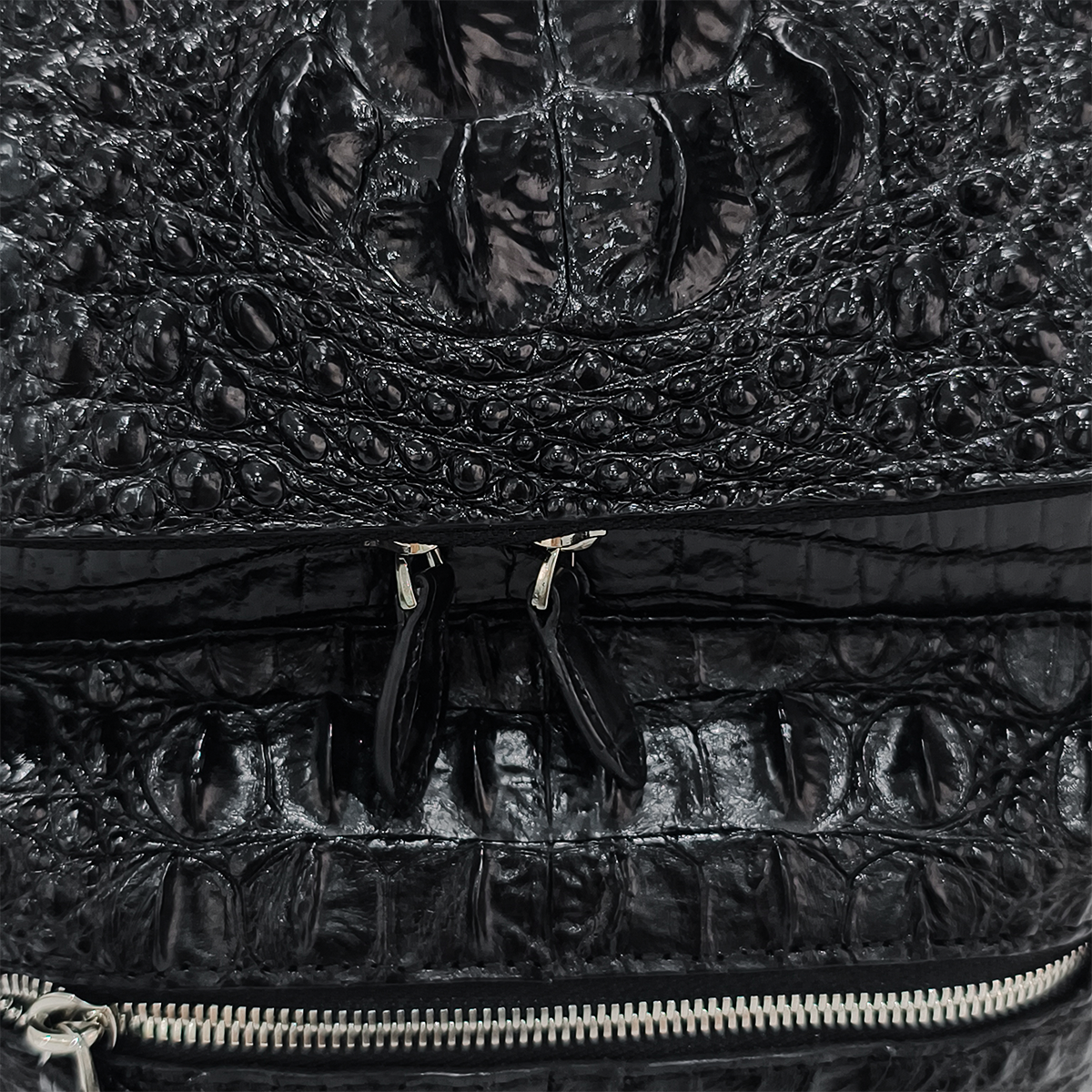 Handmade Genuine Alligator Leather Backpack, Glossy Black Multi-Zip Storage Design
