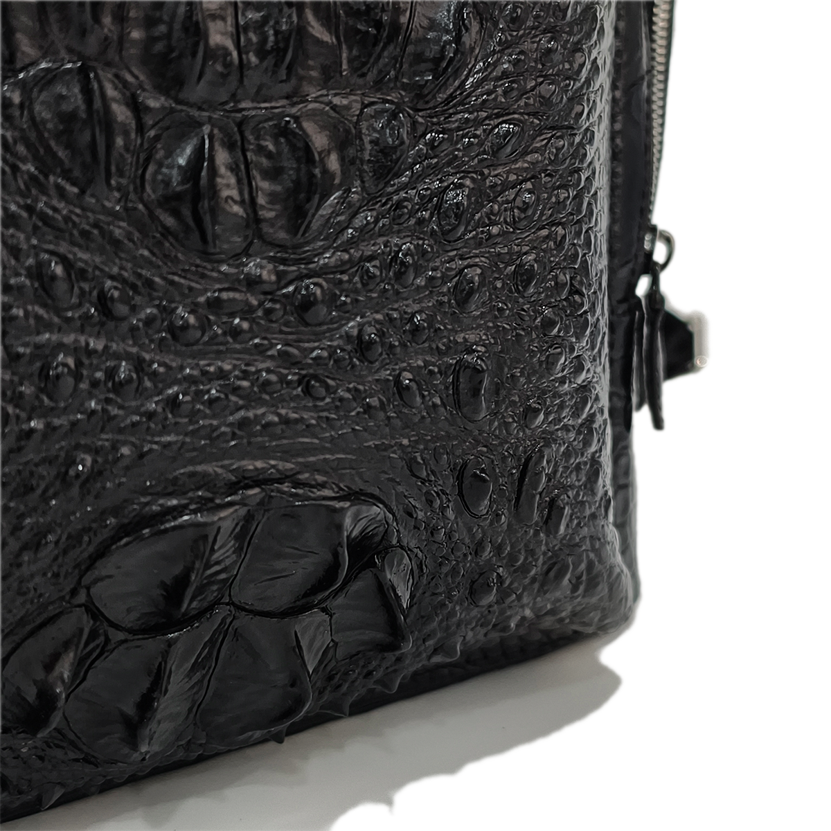 Handmade Genuine Alligator Leather Backpack, Glossy Black Multi-Zip Storage Design