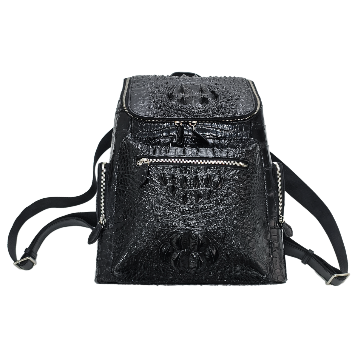Handmade Genuine Alligator Leather Backpack, Glossy Black Multi-Zip Storage Design
