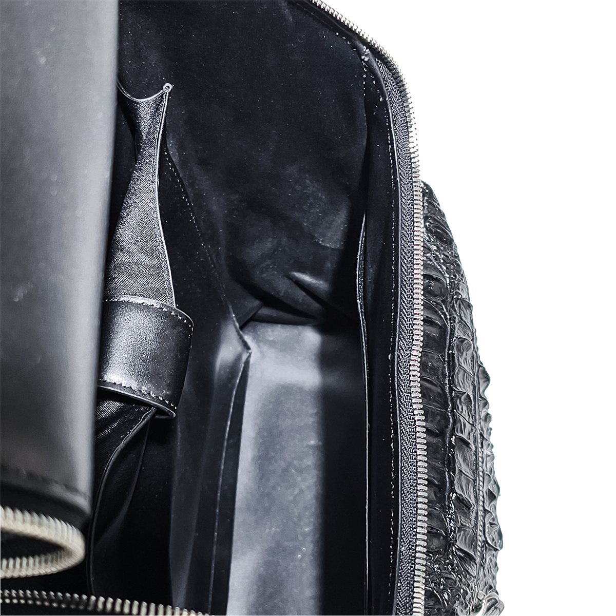 Handmade Genuine Alligator Leather Backpack, Glossy Black Multi-Zip Storage Design