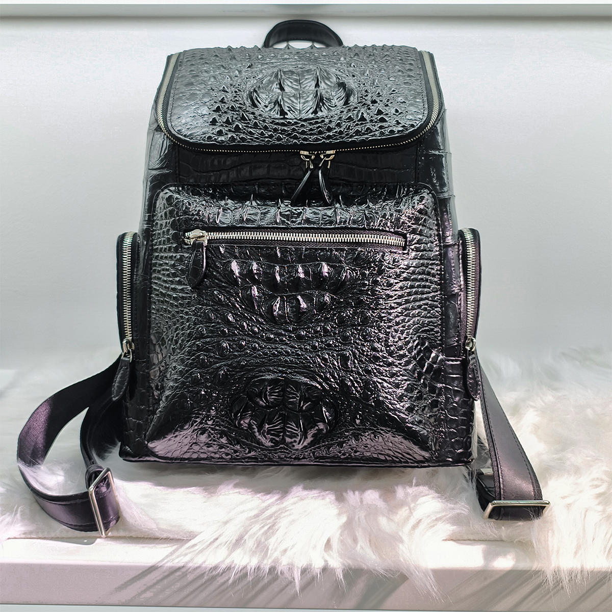 Handmade Genuine Alligator Leather Backpack, Glossy Black Multi-Zip Storage Design