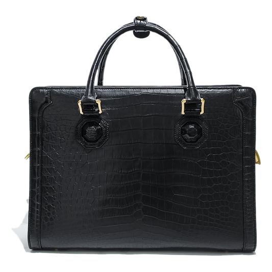 Handmade Genuine Alligator Leather Briefcase, Glossy Black with Gold Hardware & Dual-Carry Design