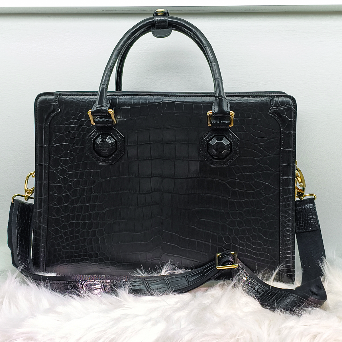 Handmade Genuine Alligator Leather Briefcase, Glossy Black with Gold Hardware & Dual-Carry Design