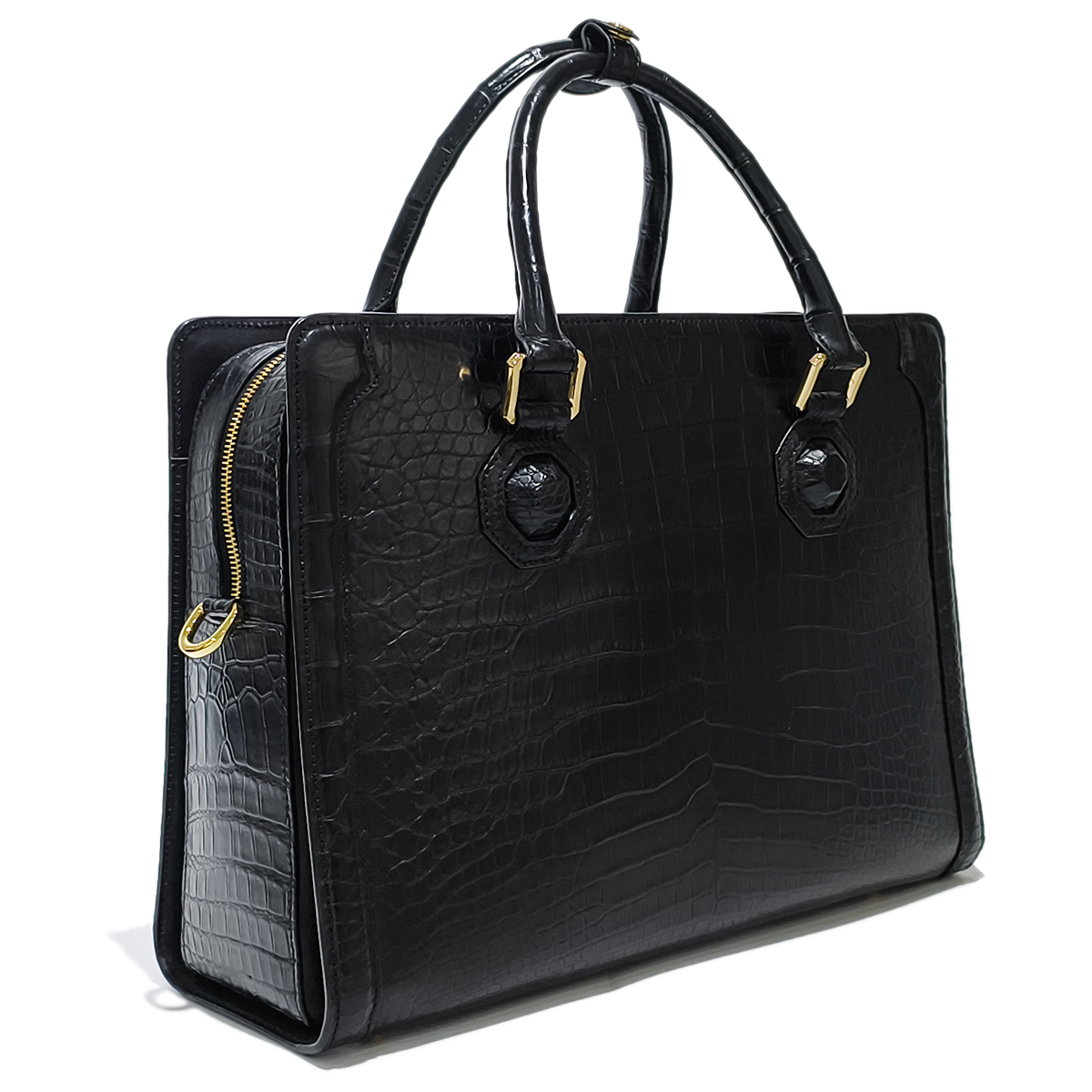 Handmade Genuine Alligator Leather Briefcase, Glossy Black with Gold Hardware & Dual-Carry Design