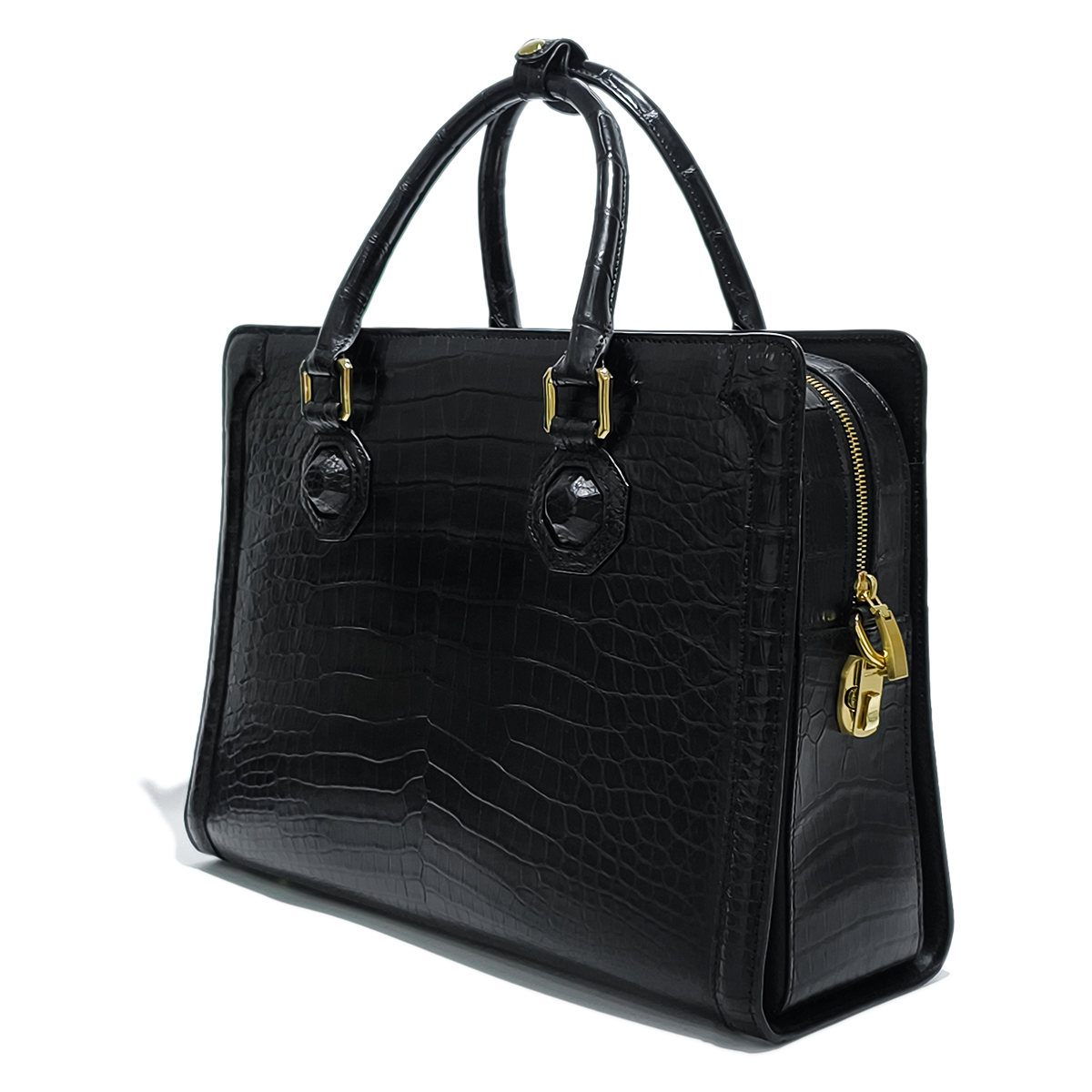 Handmade Genuine Alligator Leather Briefcase, Glossy Black with Gold Hardware & Dual-Carry Design