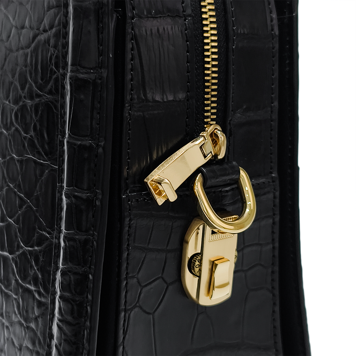 Handmade Genuine Alligator Leather Briefcase, Glossy Black with Gold Hardware & Dual-Carry Design
