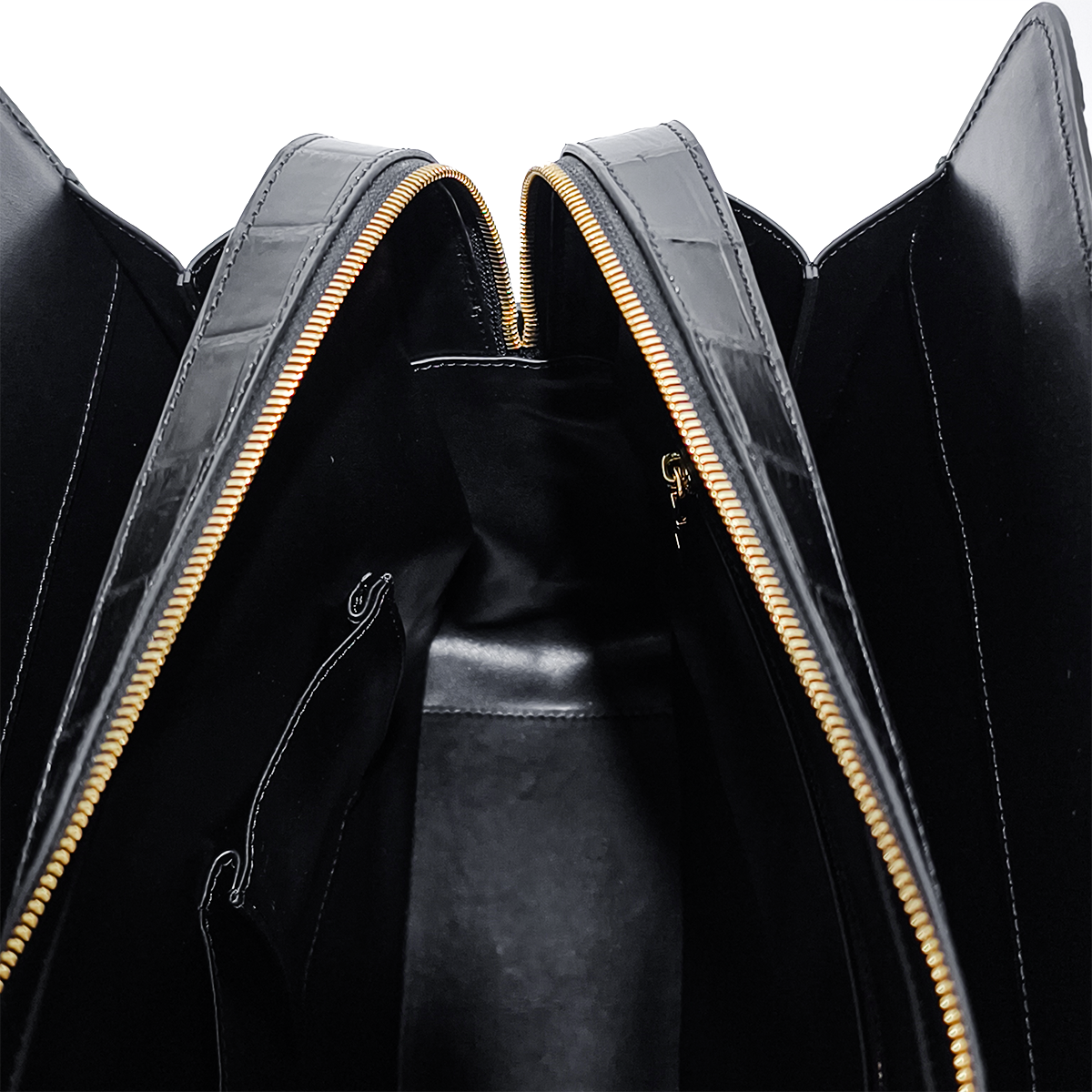 Handmade Genuine Alligator Leather Briefcase, Glossy Black with Gold Hardware & Dual-Carry Design