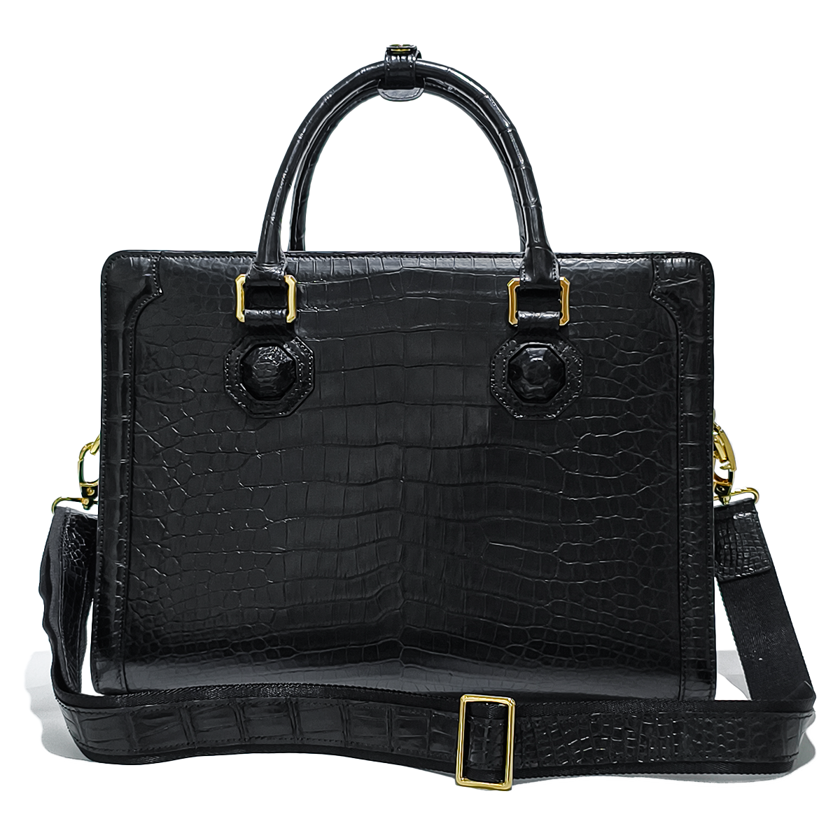 Handmade Genuine Alligator Leather Briefcase, Glossy Black with Gold Hardware & Dual-Carry Design