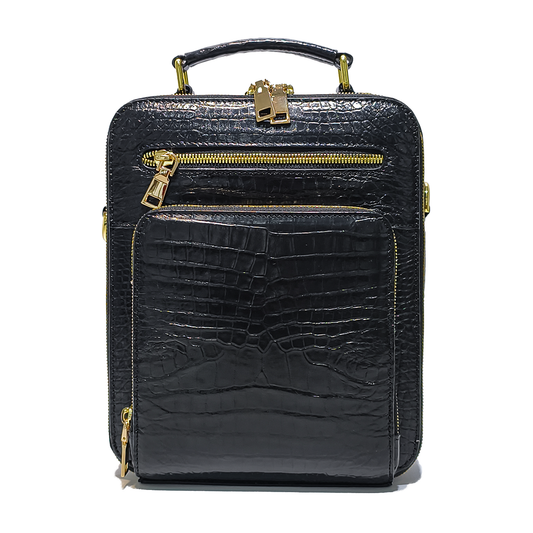 Handmade Genuine Alligator Leather Bag, Glossy Black with Gold Hardware & Multi-Pocket Design