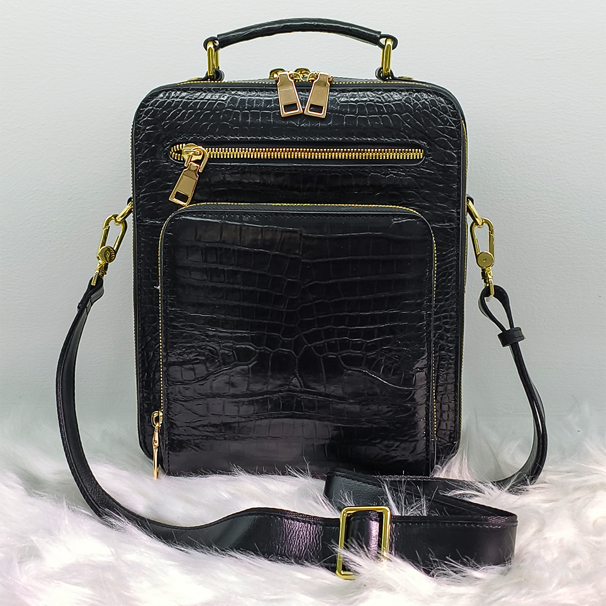 Handmade Genuine Alligator Leather Bag, Glossy Black with Gold Hardware & Multi-Pocket Design