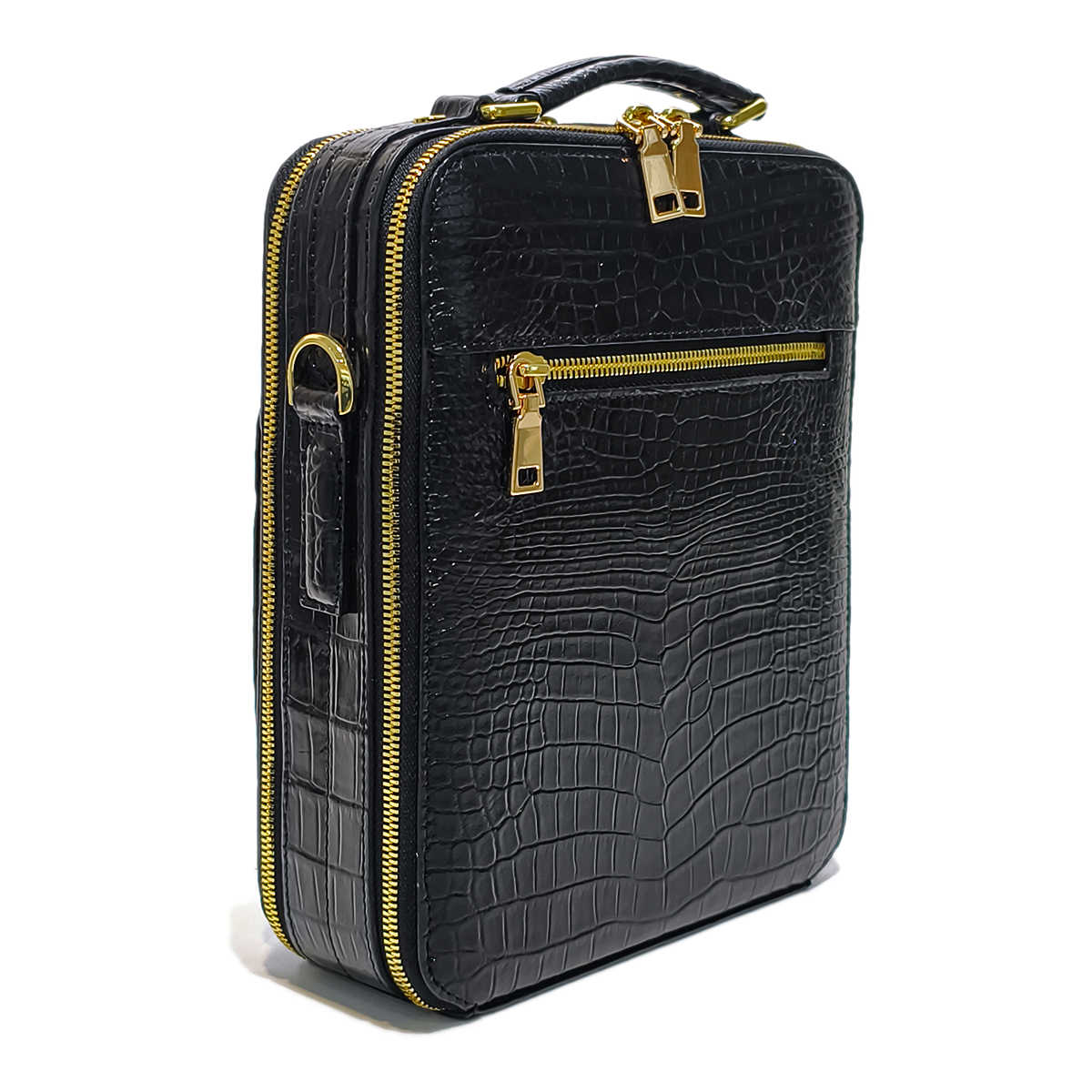 Handmade Genuine Alligator Leather Bag, Glossy Black with Gold Hardware & Multi-Pocket Design