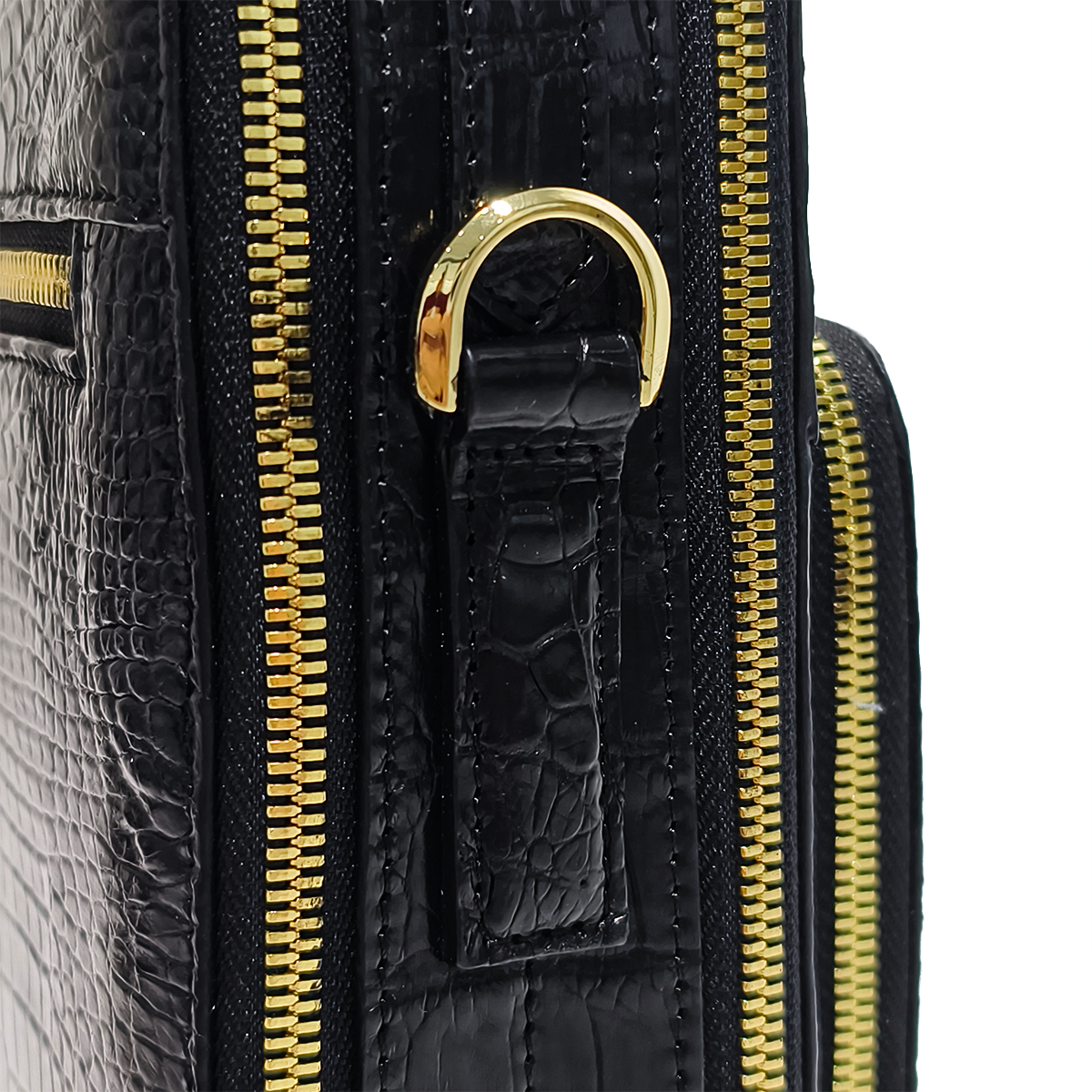 Handmade Genuine Alligator Leather Bag, Glossy Black with Gold Hardware & Multi-Pocket Design