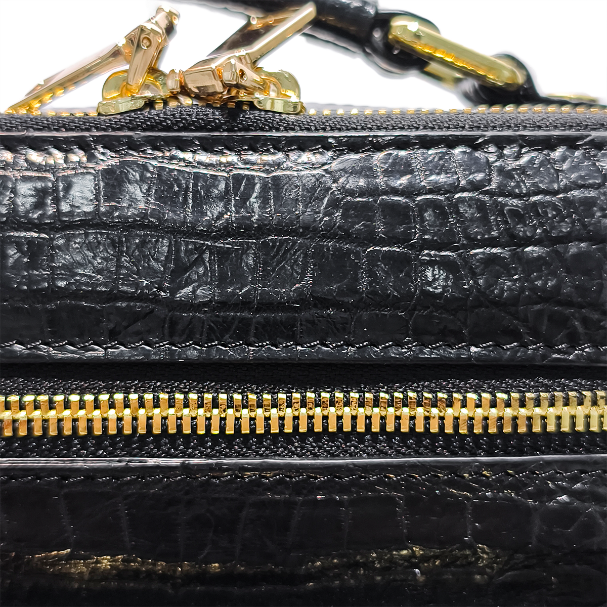 Handmade Genuine Alligator Leather Bag, Glossy Black with Gold Hardware & Multi-Pocket Design