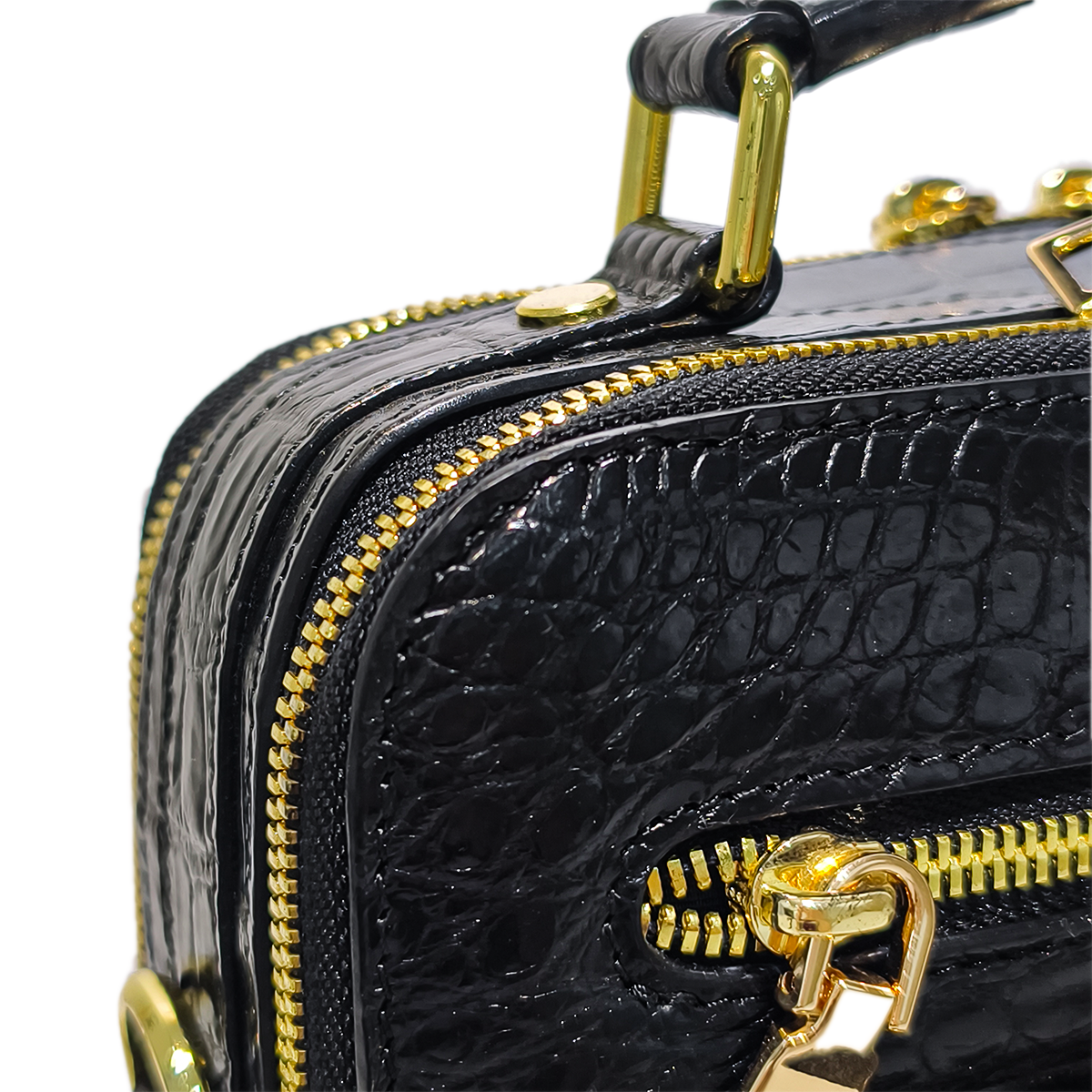 Handmade Genuine Alligator Leather Bag, Glossy Black with Gold Hardware & Multi-Pocket Design