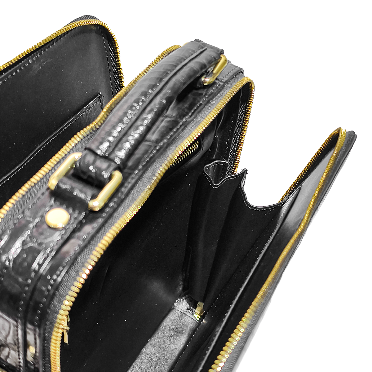Handmade Genuine Alligator Leather Bag, Glossy Black with Gold Hardware & Multi-Pocket Design