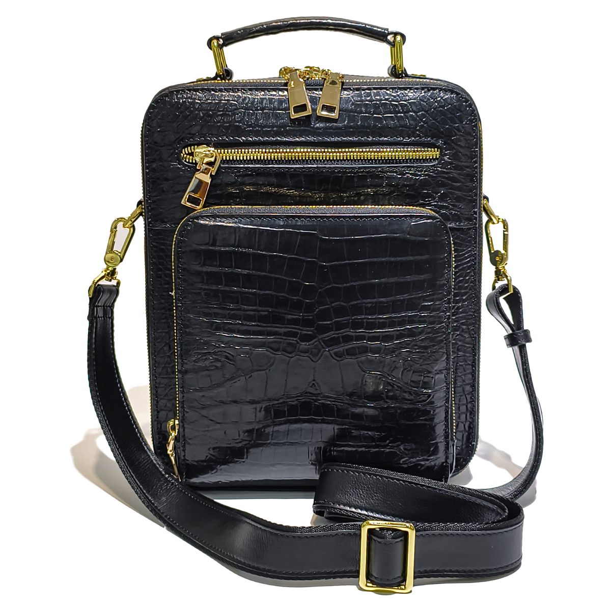 Handmade Genuine Alligator Leather Bag, Glossy Black with Gold Hardware & Multi-Pocket Design