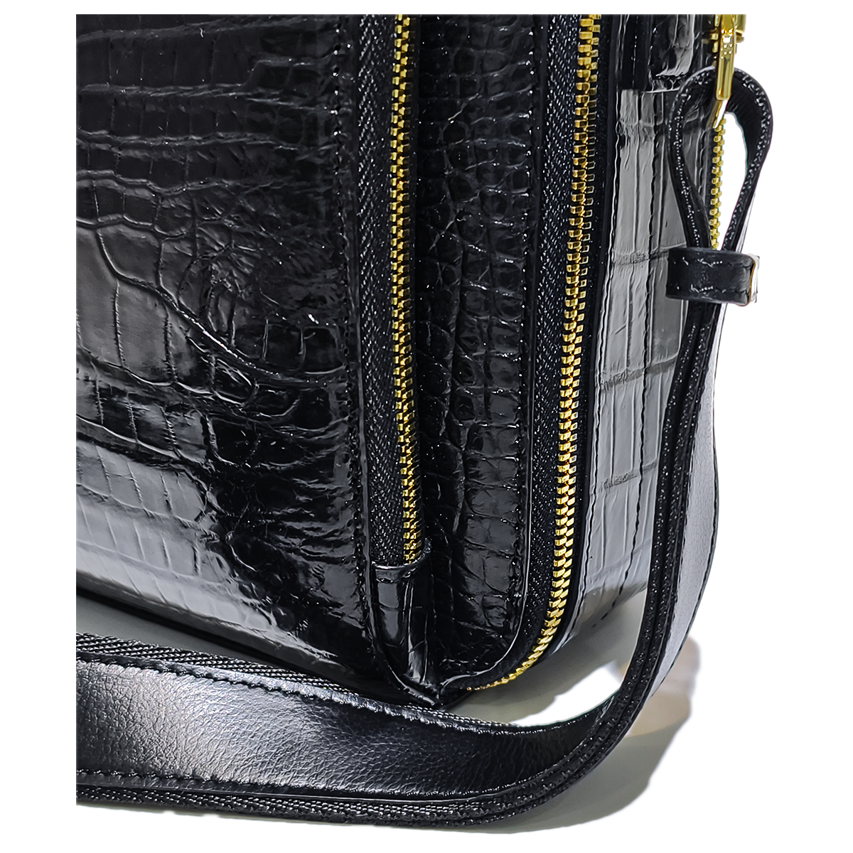 Handmade Genuine Alligator Leather Bag, Glossy Black with Gold Hardware & Multi-Pocket Design