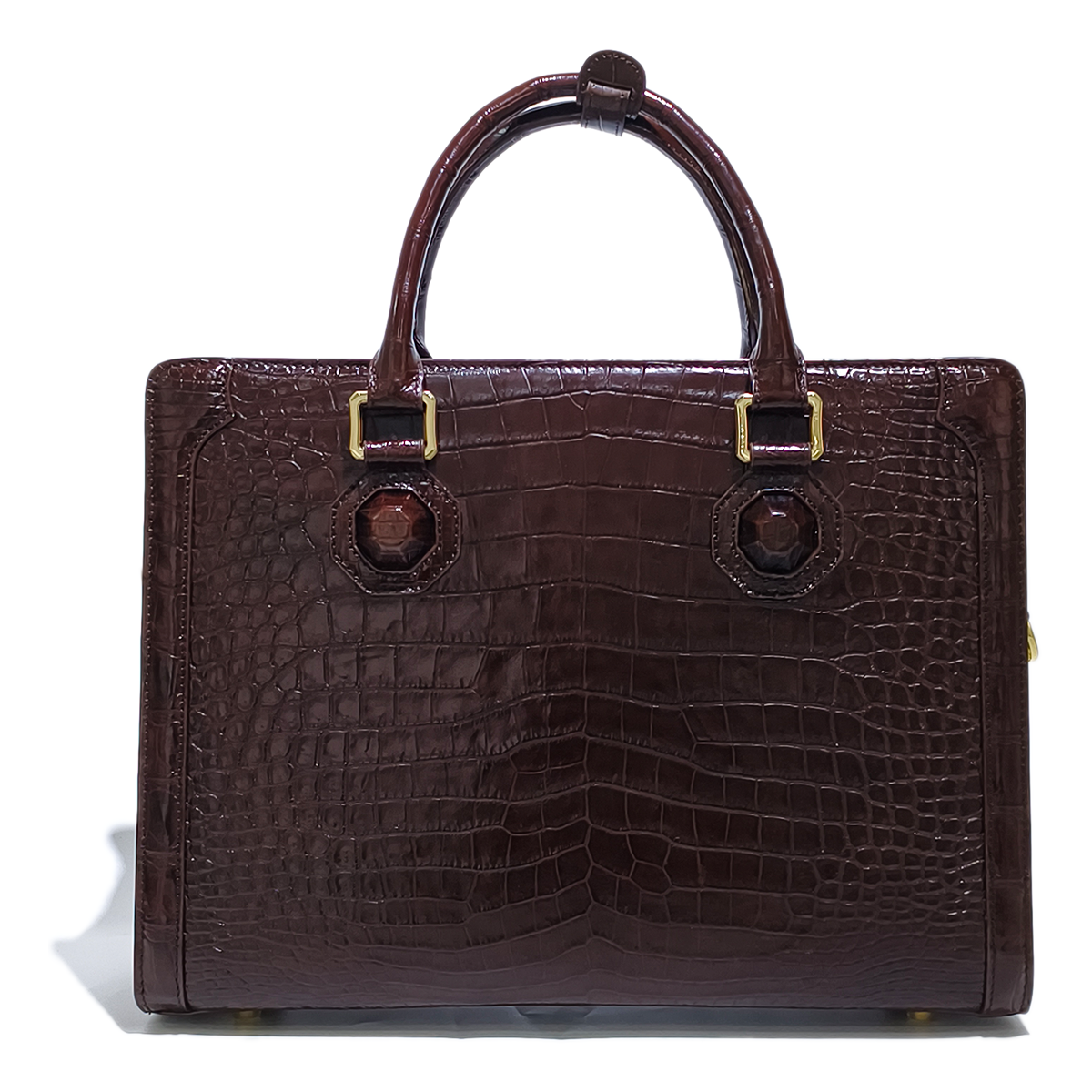 Handmade Genuine Alligator Leather Briefcase, Glossy Dark Brown with Gold Hardware & Dual-Carry Design