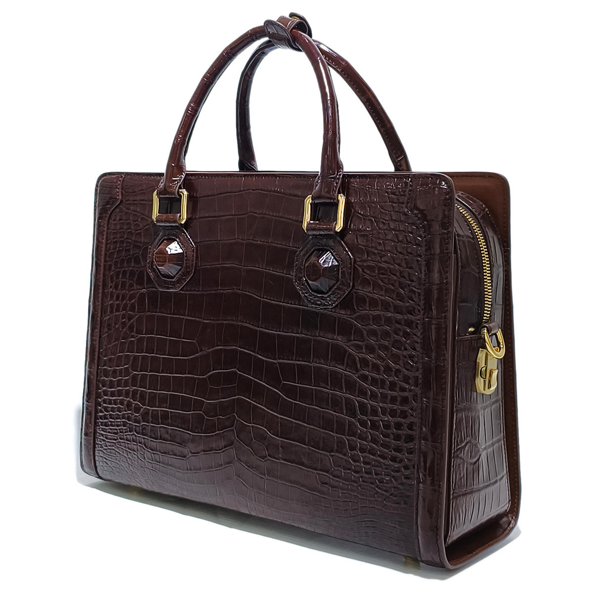 Handmade Genuine Alligator Leather Briefcase, Glossy Dark Brown with Gold Hardware & Dual-Carry Design
