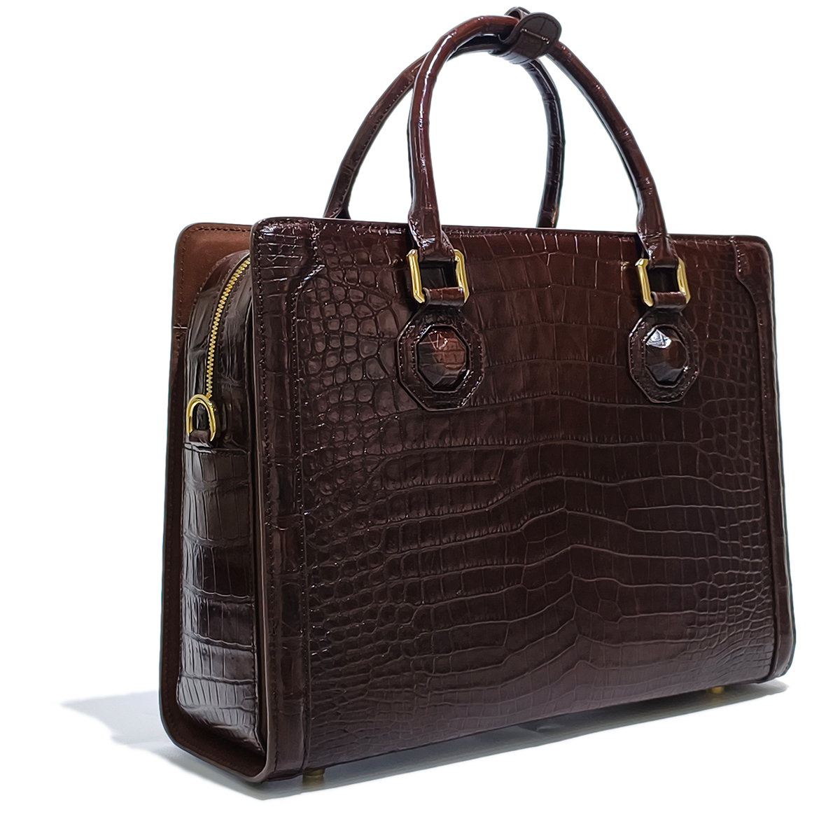Handmade Genuine Alligator Leather Briefcase, Glossy Dark Brown with Gold Hardware & Dual-Carry Design