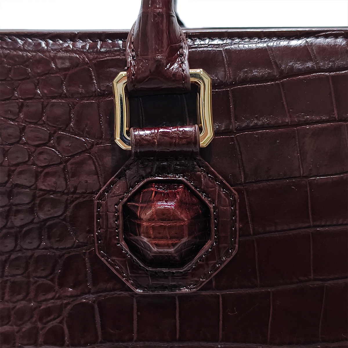 Handmade Genuine Alligator Leather Briefcase, Glossy Dark Brown with Gold Hardware & Dual-Carry Design