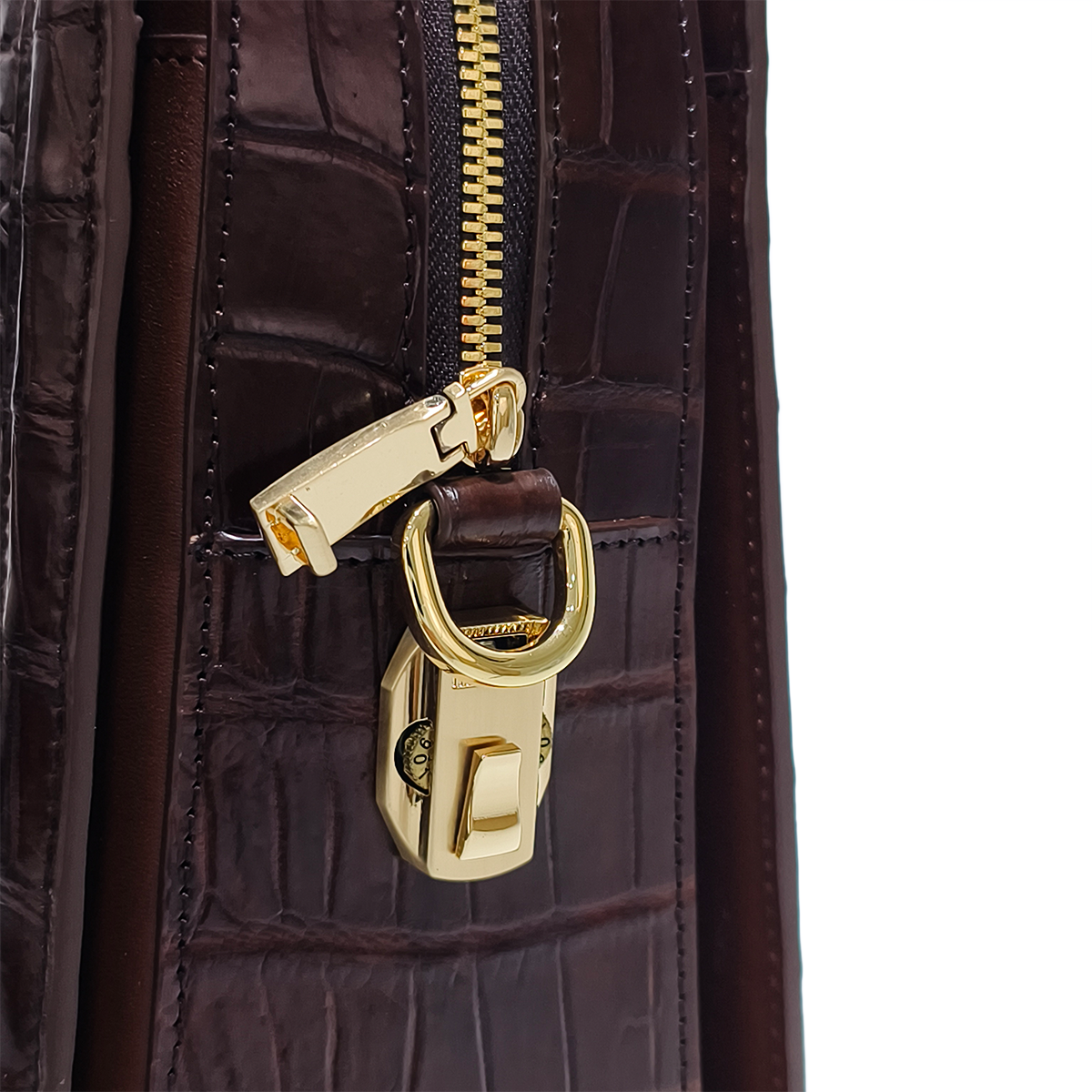 Handmade Genuine Alligator Leather Briefcase, Glossy Dark Brown with Gold Hardware & Dual-Carry Design