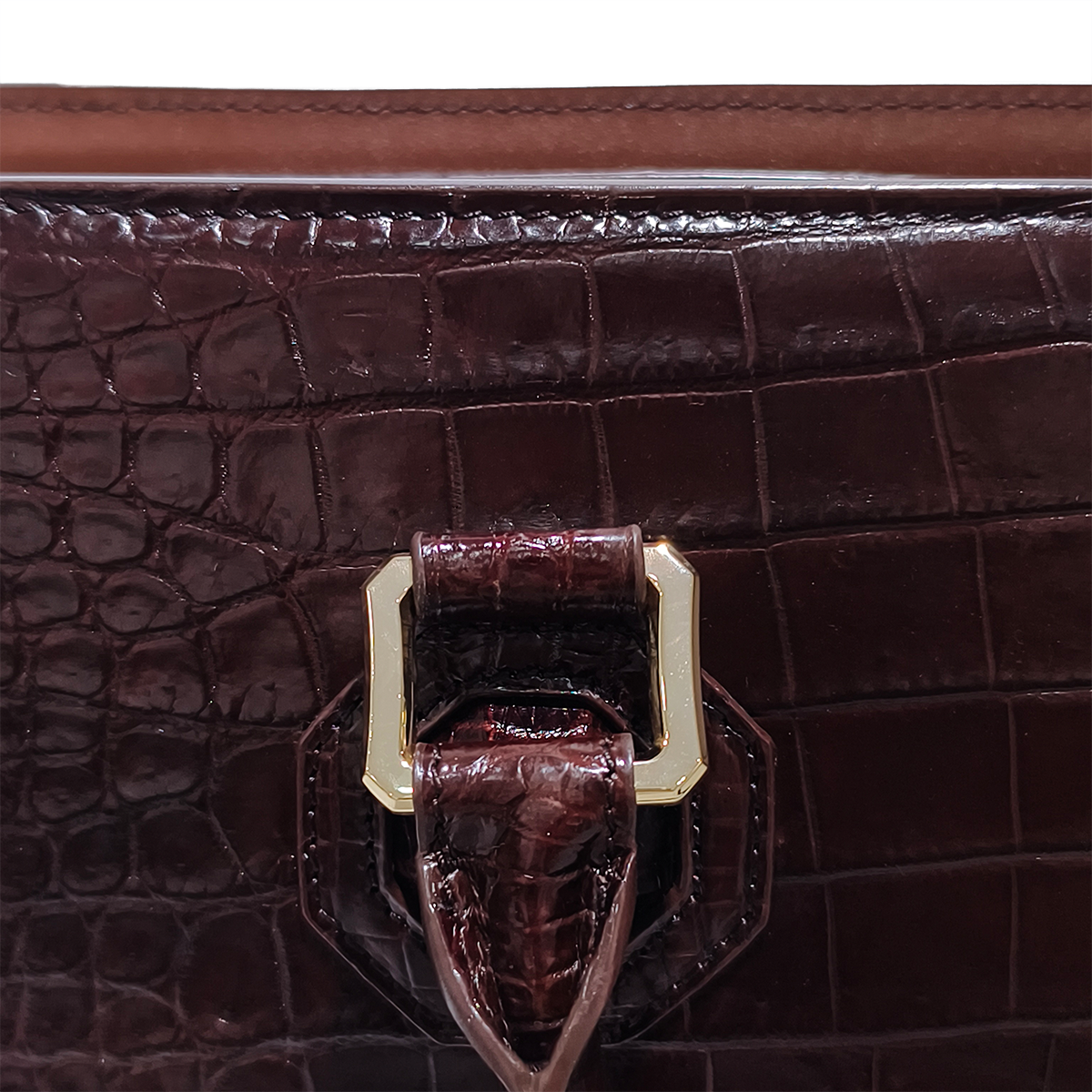 Handmade Genuine Alligator Leather Briefcase, Glossy Dark Brown with Gold Hardware & Dual-Carry Design