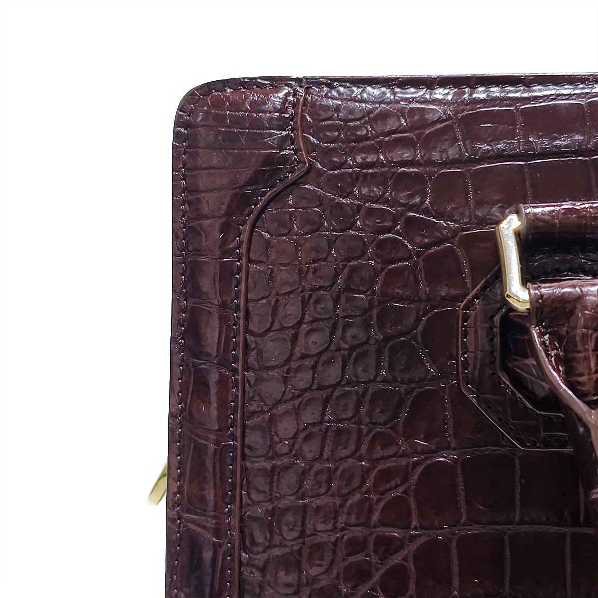 Handmade Genuine Alligator Leather Briefcase, Glossy Dark Brown with Gold Hardware & Dual-Carry Design