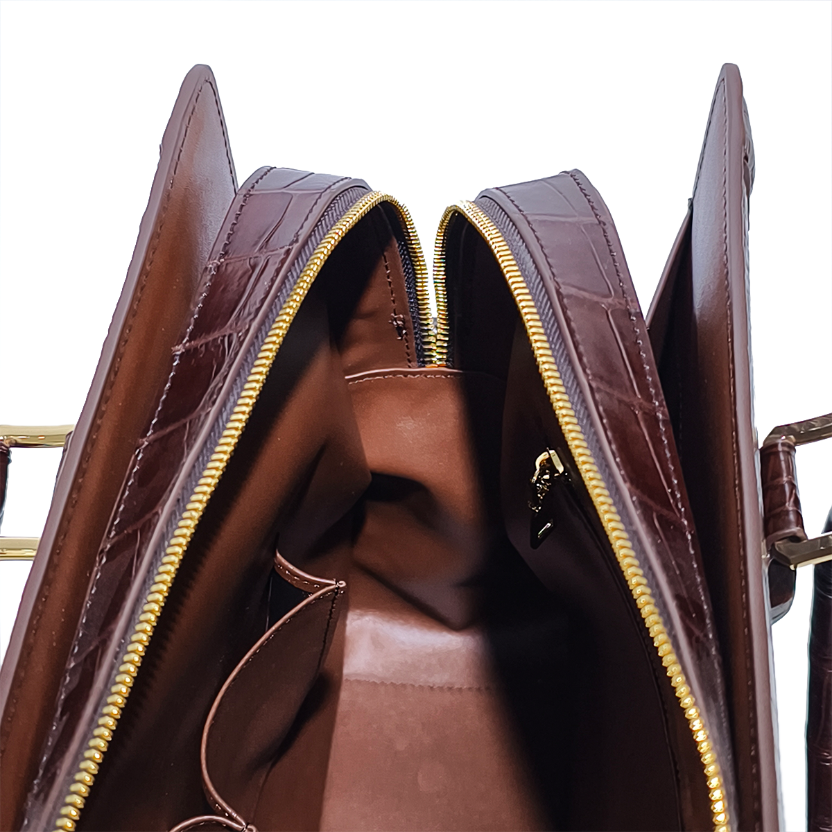 Handmade Genuine Alligator Leather Briefcase, Glossy Dark Brown with Gold Hardware & Dual-Carry Design
