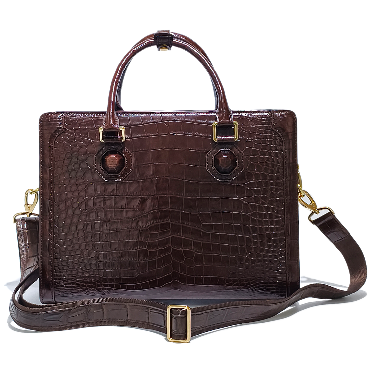 Handmade Genuine Alligator Leather Briefcase, Glossy Dark Brown with Gold Hardware & Dual-Carry Design