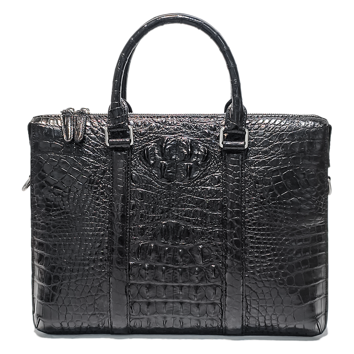 Handmade Genuine Alligator Leather Briefcase, Glossy Black with Silver Hardware & Spacious Business Structure