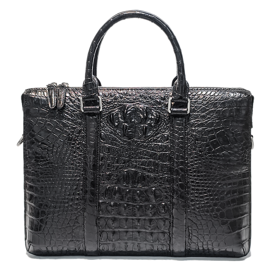 Handmade Genuine Alligator Leather Briefcase, Glossy Black with Silver Hardware & Spacious Business Structure