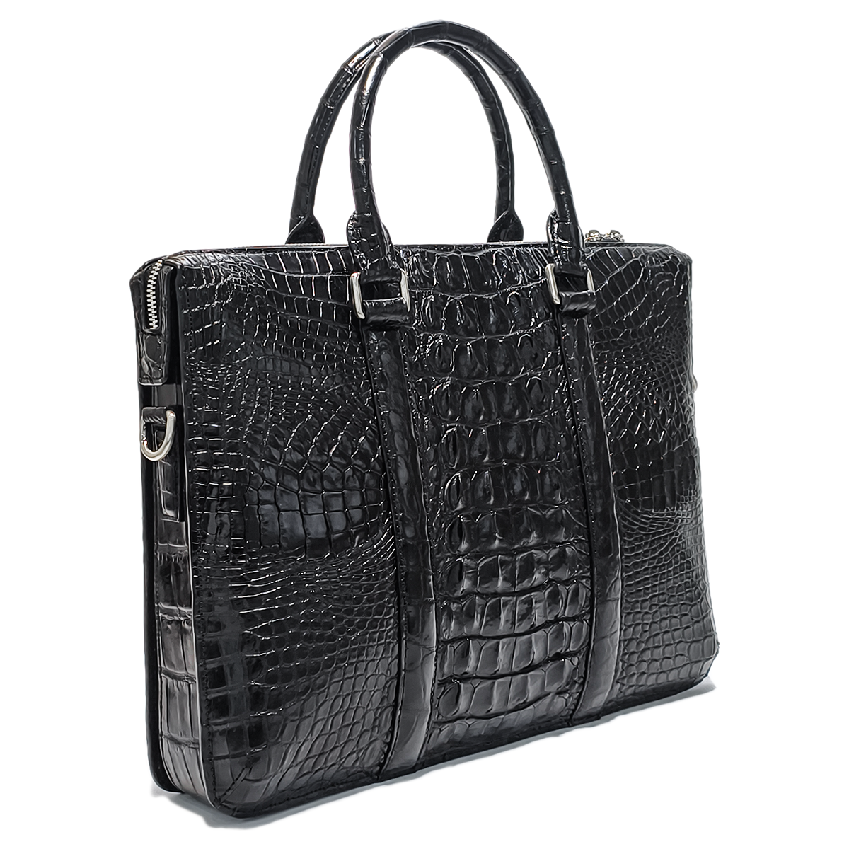 Handmade Genuine Alligator Leather Briefcase, Glossy Black with Silver Hardware & Spacious Business Structure