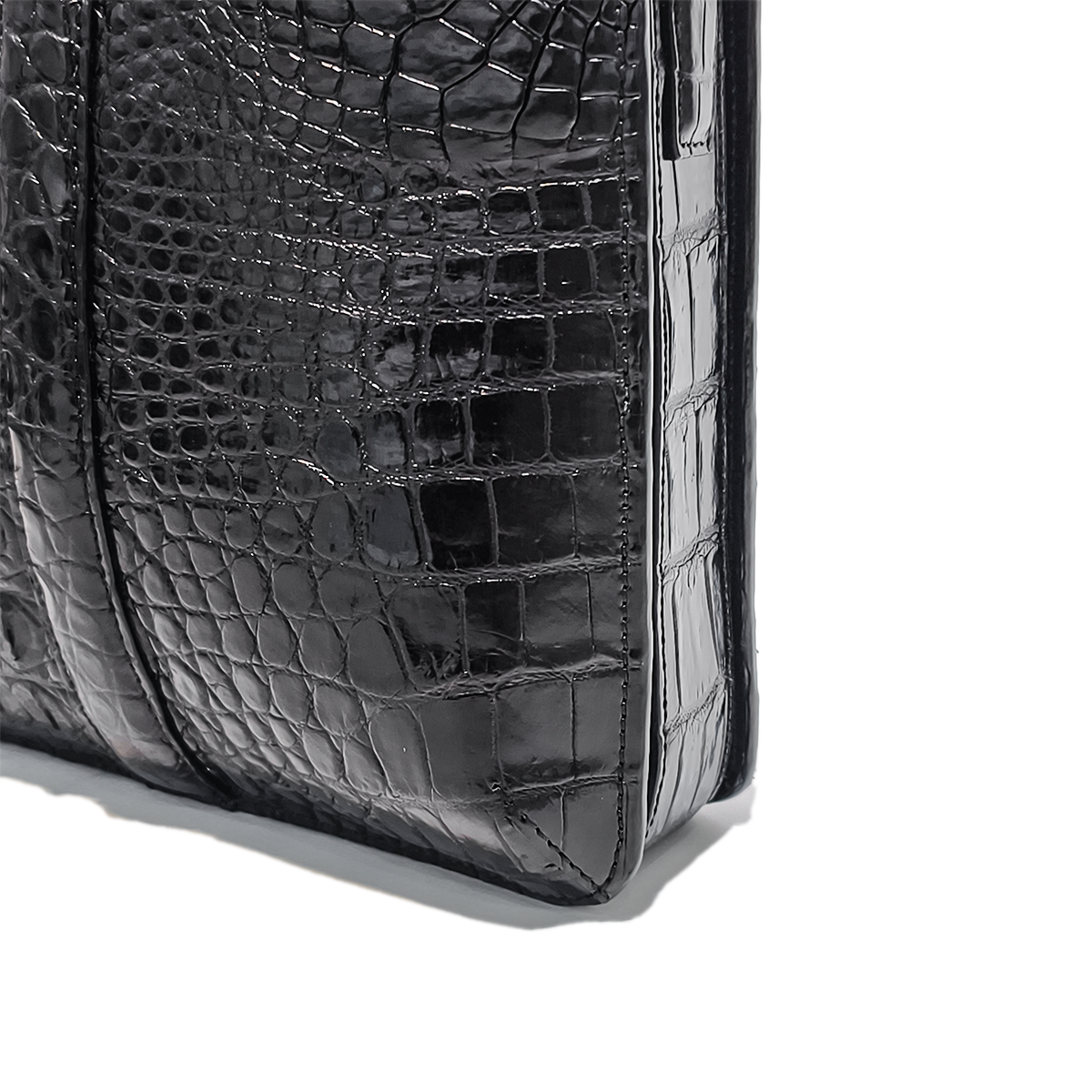 Handmade Genuine Alligator Leather Briefcase, Glossy Black with Silver Hardware & Spacious Business Structure