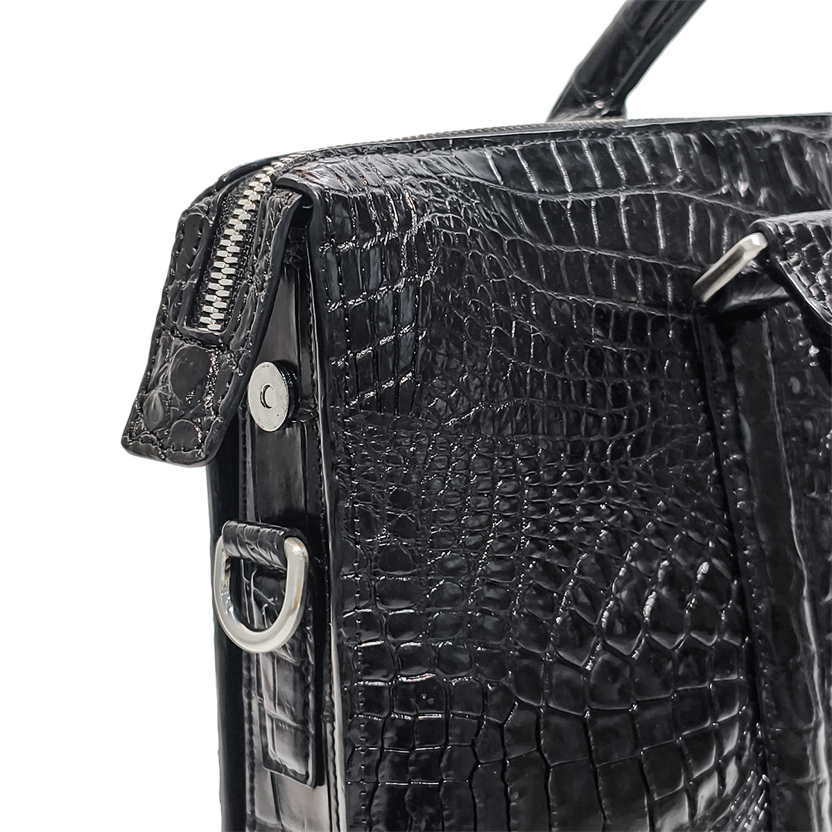 Handmade Genuine Alligator Leather Briefcase, Glossy Black with Silver Hardware & Spacious Business Structure