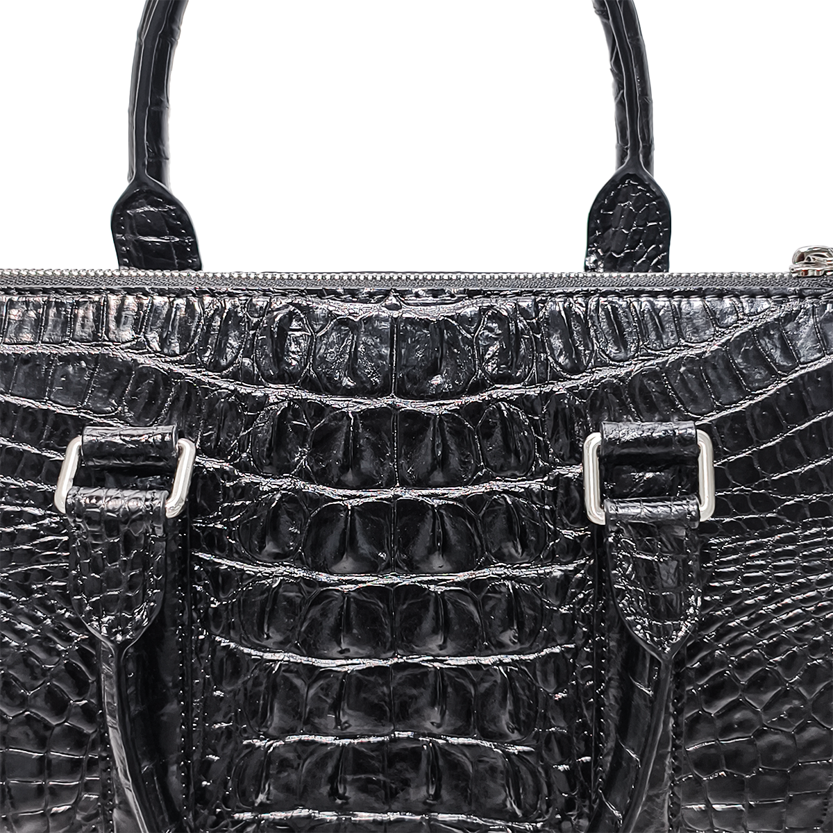 Handmade Genuine Alligator Leather Briefcase, Glossy Black with Silver Hardware & Spacious Business Structure