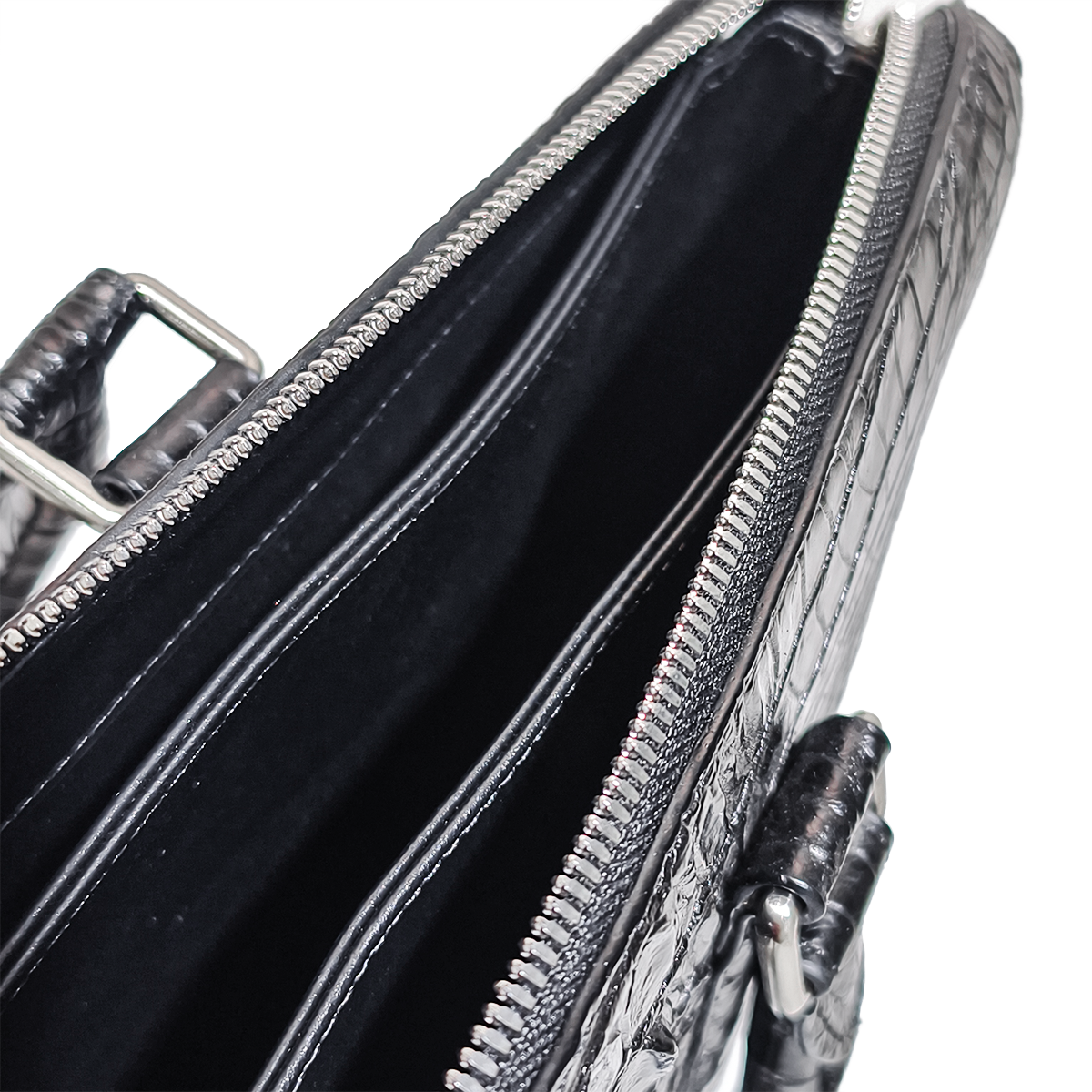 Handmade Genuine Alligator Leather Briefcase, Glossy Black with Silver Hardware & Spacious Business Structure