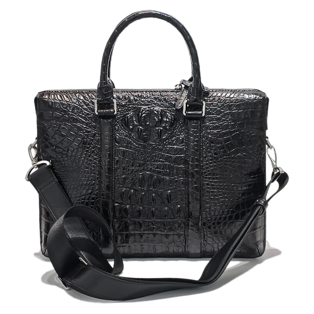 Handmade Genuine Alligator Leather Briefcase, Glossy Black with Silver Hardware & Spacious Business Structure