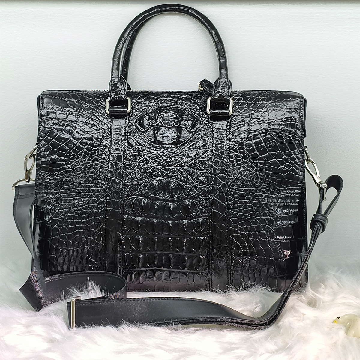 Handmade Genuine Alligator Leather Briefcase, Glossy Black with Silver Hardware & Spacious Business Structure